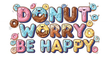 Colorful Cartoon Donut Letters Saying Donut Worry Be Happy with Smiling Faces