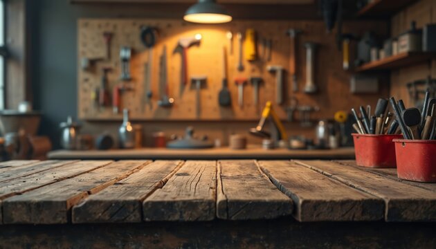 Rustic wooden table surface in workshop setting with tools. Tools like hammers, screwdrivers organized on wall. Background shows shelves with supplies, creating industrial, organized, authentic
