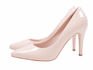 Pair of light pink pointed-toe stilettos with beige heels on transparent background