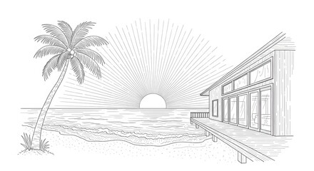Monochrome Tropical Landscape Sketch with Palm Tree at Sunrise
