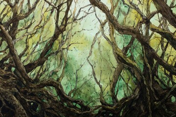 Intricate, gnarled tree roots and branches in a dense, misty forest