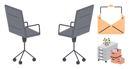 Office chairs and filing cabinets with an open envelope, storage boxes, and a small potted plant. Ideal for business, workplace setup, organization, communication, email concepts, teamwork simple