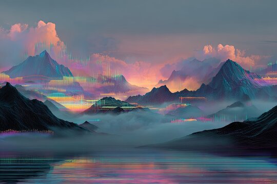 Misty mountain range, vibrant colors - Powered by Adobe