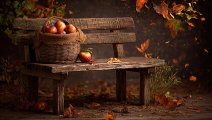 Rustic autumn scene with apples and leaves