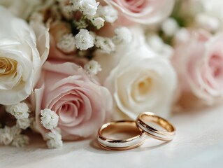 Gold Wedding Rings and Rose Bouquet