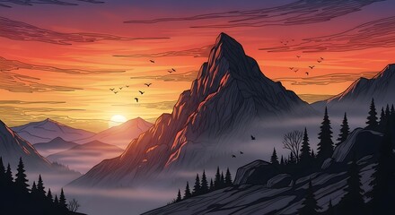 Dramatic Mountain Peak at Sunset with Misty Valley and Flying Birds