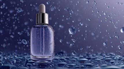 Clear serum bottle with dropper on a wet surface surrounded by water droplets against a blue background