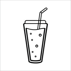 Cold Drink with Straw Line Art Black and White Vector Illustration of Soda, Juice, or Refreshing Beverage in Glass

