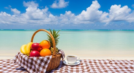 A picnic basket with fruit and coffee on a checkered blanket at a tropical beach scene with blue sky