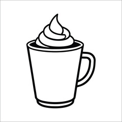 Hot Chocolate or Coffee Cup with Whipped Cream – Black and White Line Art Vector Illustration for Cafe and Beverage Design

