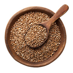 Obraz premium Buckwheat groats in a wooden bowl with a spoon