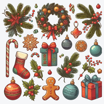 Christmas decorations and balls. Wreath, gifts, branches spruce, berries, gingerbread. Flat vector illustration