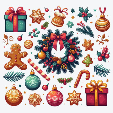 Christmas decorations and balls. Wreath, gifts, branches spruce, berries, gingerbread. Flat vector illustration