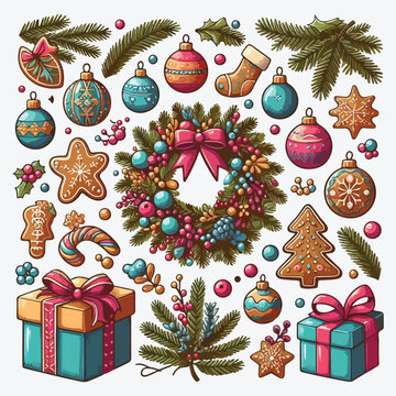 Christmas decorations and balls. Wreath, gifts, branches spruce, berries, gingerbread. Flat vector illustration