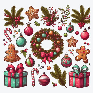 Christmas decorations and balls. Wreath, gifts, branches spruce, berries, gingerbread. Flat vector illustration