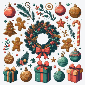 Christmas decorations and balls. Wreath, gifts, branches spruce, berries, gingerbread. Flat vector illustration
