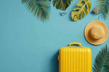 A top-down shot of a tropical vacation packing list, featuring flip-flops, a book, and a tropical drink, all popping against a deep blue.