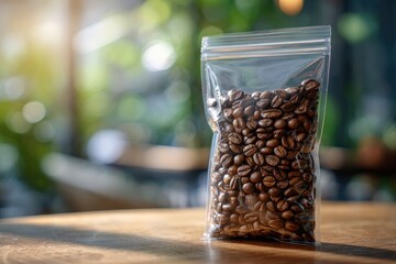 Clear coffee bean bag on wooden table