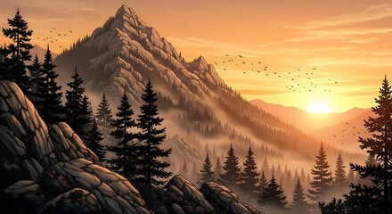 Scenic Mountain Landscape with Fog and Pine Trees at Sunset