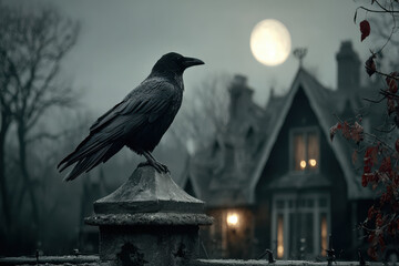 Fototapeta premium Raven Perched on a Fence Post on a Moonlit Night