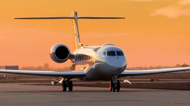 Taxiing corporate international jet reflecting sunset colors