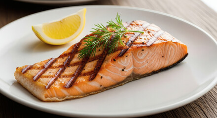 Grilled salmon fillet served on a white plate with a lemon wedge and dill garnish on a wooden table