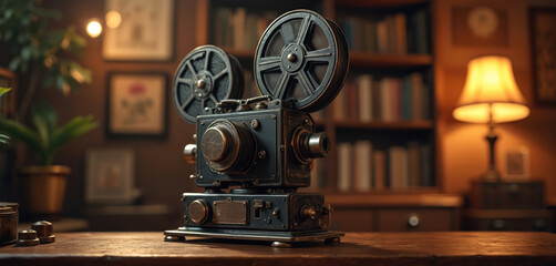 Fototapeta premium Vintage film projector rests on wooden desk, creating warm cozy atmosphere. Soft focus background includes bookshelf, lamp. Retro cinema device represents nostalgia, classic entertainment,