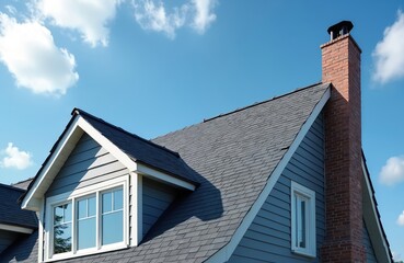 Grey asphalt shingle roof on residential building with dormer windows, brick chimney under clear blue sky with white clouds. Exterior architectural detail shows building facade, roofing material,