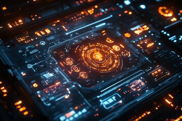 Fototapeta premium Futuristic Digital Interface with Glowing Orange and Blue Elements in a High-tech Environment