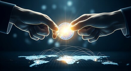 Global money transfer and fintech concept. Hands exchanging a holographic coin over a glowing world map with network connections between continents.