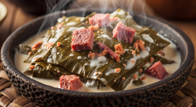 Close up of steaming laing dish with meat cubes in a black bowl on a wooden surface setting