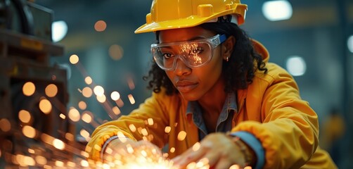 Woman worker in yellow jacket, hard hat wears safety goggles, focused on operating machinery creating bright sparks in industrial workshop. Demonstrates skill, precision, dedication in metalworking