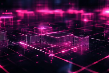 Obraz premium Futuristic Digital Data Network with Pink Neon Grid and Geometric Blocks