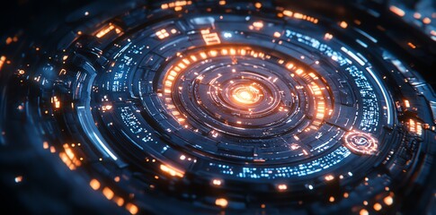 Futuristic Digital Interface with Circular Data Elements and Glowing Orange and Blue Lights