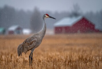 Obraz premium Graceful heron standing in a golden field with a rustic barn and cloudy sky backdrop