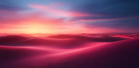 Fototapeta premium Pink Desert Landscape with Rolling Sand Dunes Under Vibrant Sunset Sky