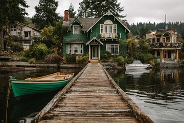 Obraz premium Green House, Wooden Dock, and Boats on Water