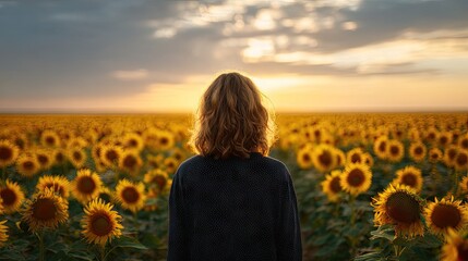Fototapeta premium A person gazes out over a vast sunflower field at sunset.