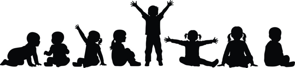 Silhouette of children in various poses, crawling, sitting, standing, playing, growth stages, child development, parenting, educational content, toddlers
