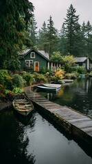Obraz premium Lakeside Cottage with Boats and Dock