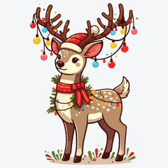 Christmas deer. Cartoon reindeer with new year lights garland. stock illustration