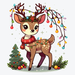Christmas deer. Cartoon reindeer with new year lights garland. stock illustration