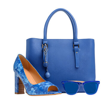 Blue handbag shoes and sunglasses fashion accessories