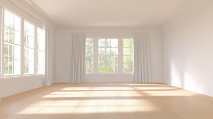 Obraz premium A minimalist living room with clean lines, white walls, and wooden floors, exuding simplicity.