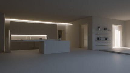 A minimalist living room with clean lines, white walls, and wooden floors, exuding simplicity.