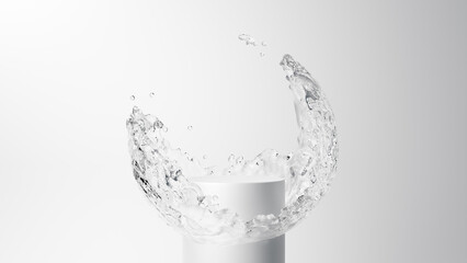 3D Illustration.Water flowing vigorously in a circular pattern against a white background, with a white pedestal. (Horizontal)