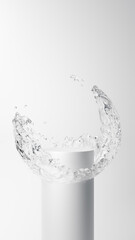 3D Illustration.3D Illustration.Water flowing vigorously in a circular pattern against a white background, with a white pedestal. (Vertical)