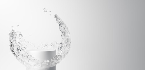 3D Illustration.3D Illustration.Water flowing vigorously in a circular pattern against a white background, with a white pedestal.Copy space. (Horizontal)