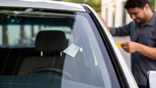 A man inspects a vehicle, which has a note on the windshield, suggesting a parking violation or service notification.