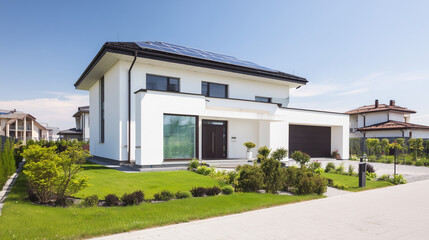 A modern white house with solar panels, basking in bright daylight, symbolizing sustainable energy and innovation.
